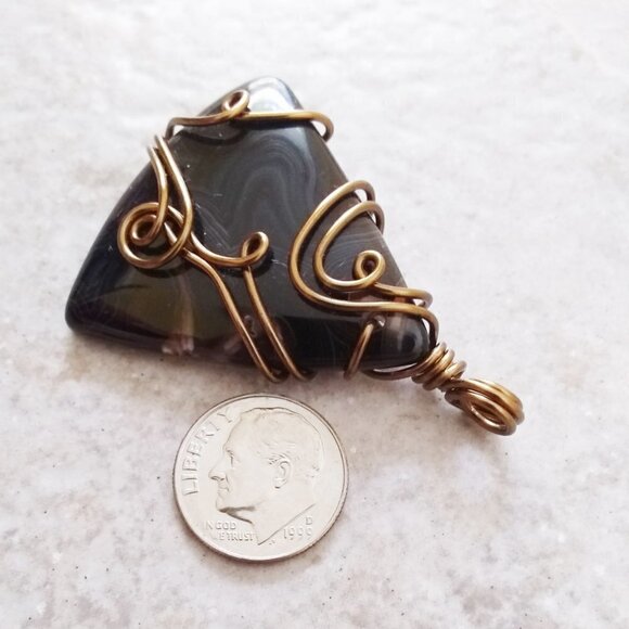 Handmade & Unique! Swirly Black Coffee! Wire Wrapped Banded Brown Agate Pendant - Picture 2 of 7